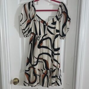 Nine West Cream Mini Dress with Black & Brown Abstract Lines
